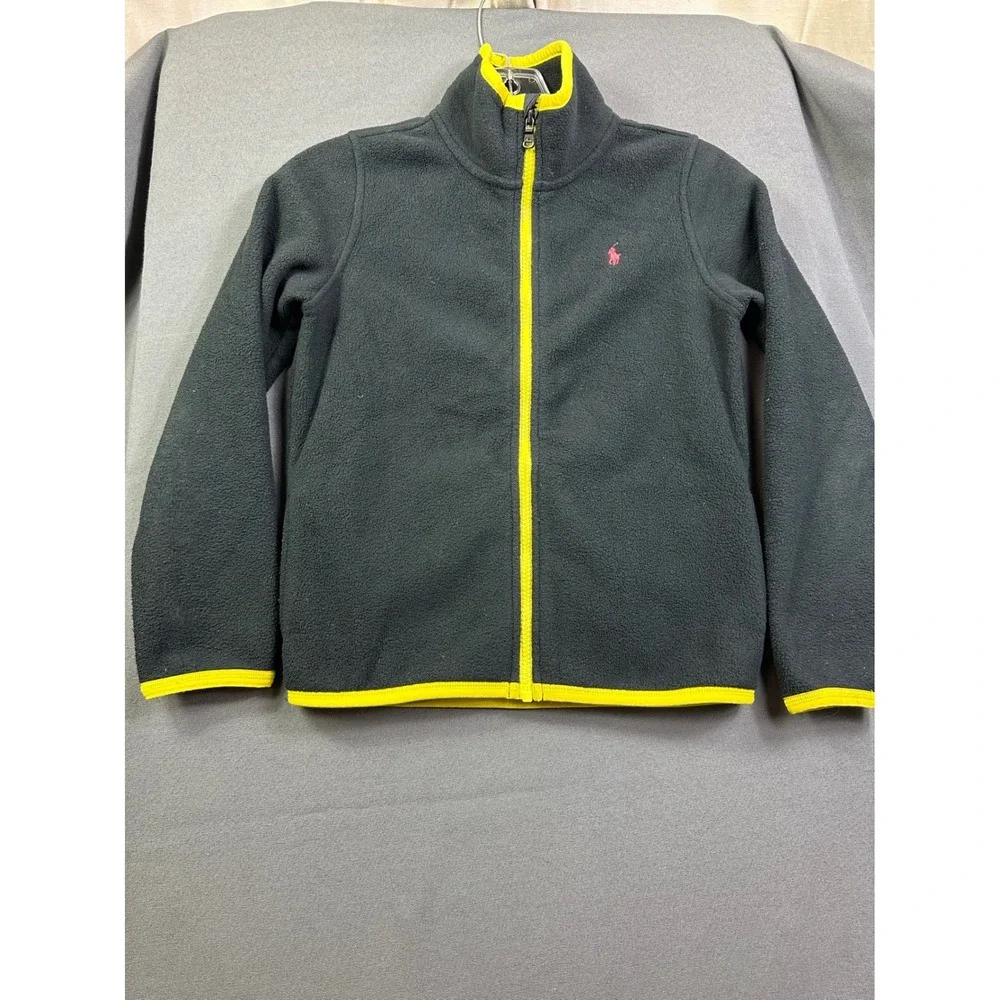 Ralph Lauren Kids Fleece Jacket Grey Neon Yellow Full Zip Pony Logo Size M 8-10